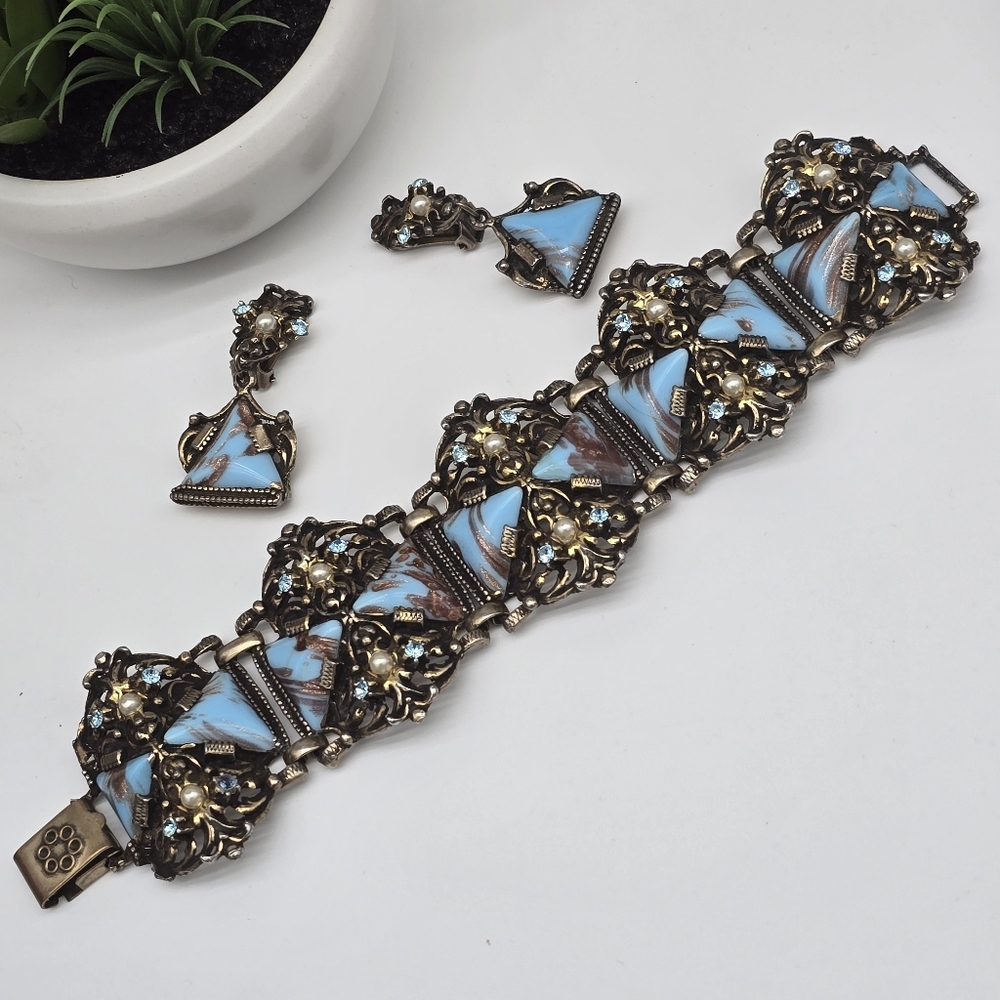 Rare Selro Selini Elegant Pearls & Art Glass Turquiose Blue and Gold Jewelry Set